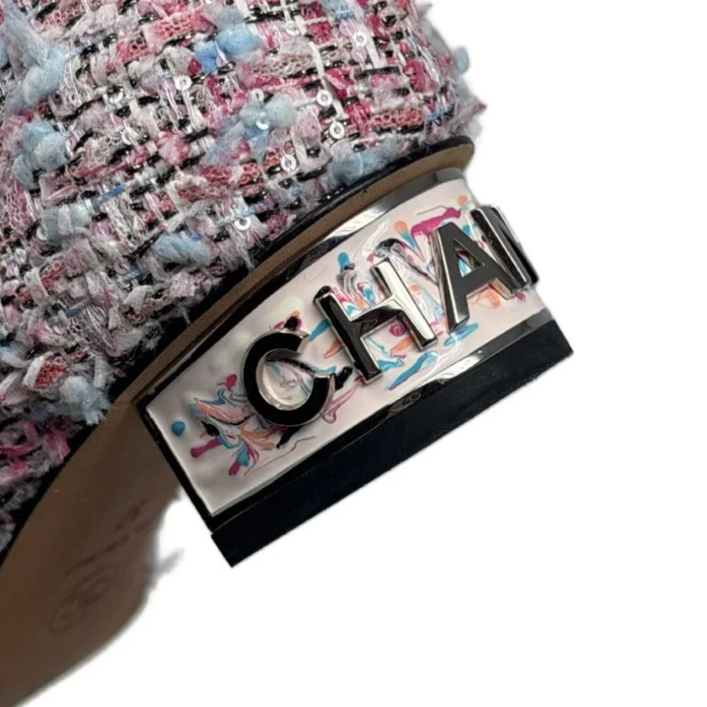 Chanel CC Pink Tweed Ankle Boots with Grosgrain Cap Toe Sz-37 - Picture 5 of 8